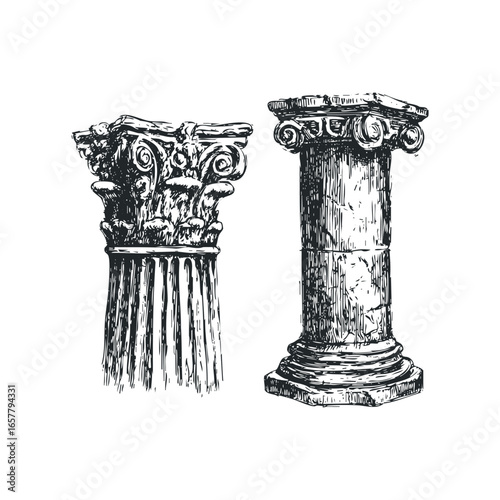 Two detailed sketches of classical architectural columns with decorative capitals