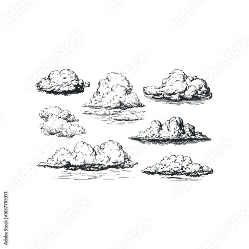Collection of Hand Drawn Cumulus Clouds on White Background