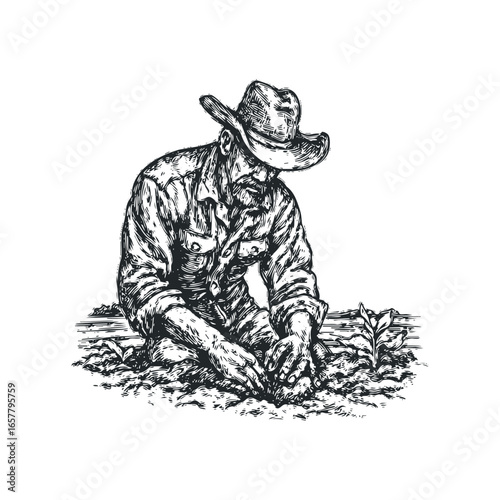 Farmer Planting Seedlings in a Field