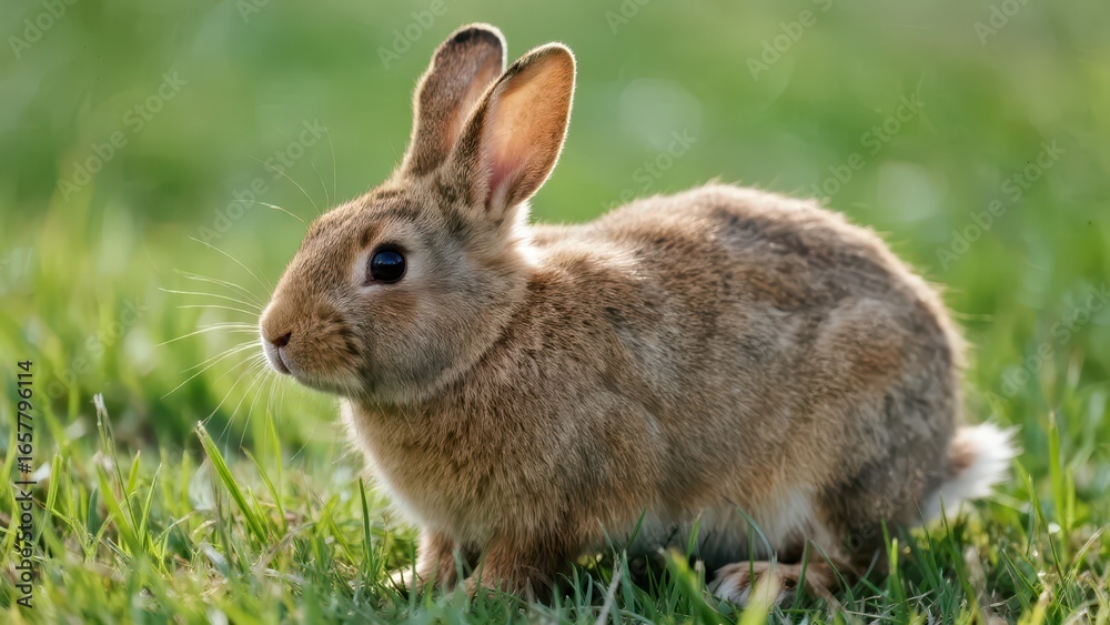 A brown and white rabbit sits crouched on green grass with its ears upright, round bright eyes, and an alert yet cute expression. A brown and white rabbit sits crouched on green grass with its ears upright, round bright eyes, and an alert yet cute expression.