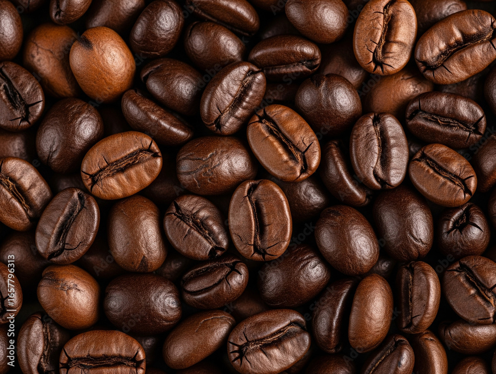 Fototapeta premium Rough coffee bean texture shows natural perfect roasting process.