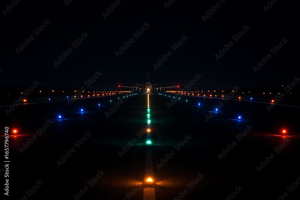 Fototapeta premium Safe Flight: Airplane Landing at Night with Illuminated Runway Lights Guiding the Way for Aviation Safety and International Travel Concepts