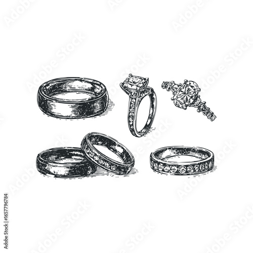 Engraved Diamond and Wedding Ring Collection Hand Drawn Sketch