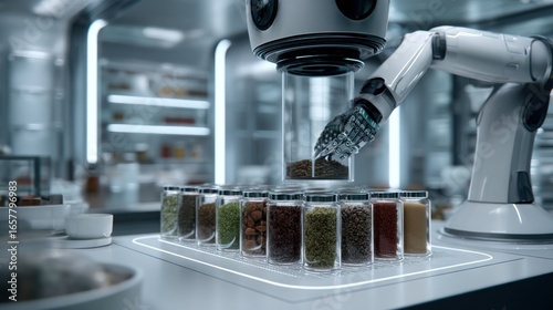 Robotic arm filling jars with spices and ingredients in a modern laboratory setup