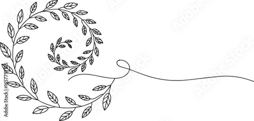 Continuous one line art of falling leaves forming a spiral in the wind, minimalist single line drawing in black on white background