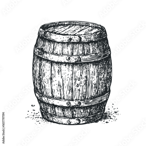 Wooden Barrel With Metal Bands Hand Drawn Sketch
