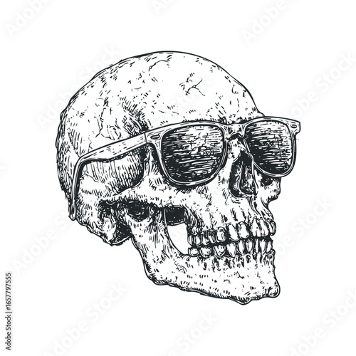 Human Skull Wearing Sunglasses Hand Drawn Sketch