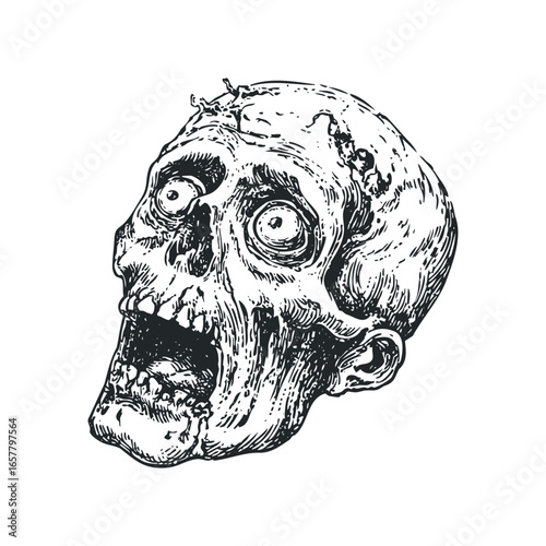 Grinning Zombie Head With Wide Eyes And Rotting Skin Texture