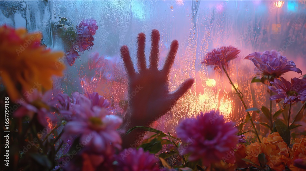 Fototapeta premium Hand reaching through glass with flowers, evoking longing, connection, and a sense of beauty