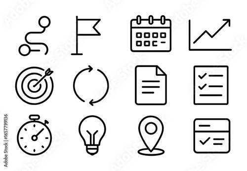 Roadmap Planning Icons. Outline icon set of project roadmap planning: roadmap icon, milestone flag, calendar,