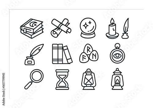 Mystical Library Icons. Outline icon set of mystical library: magic books, scrolls, crystal ball, candle,