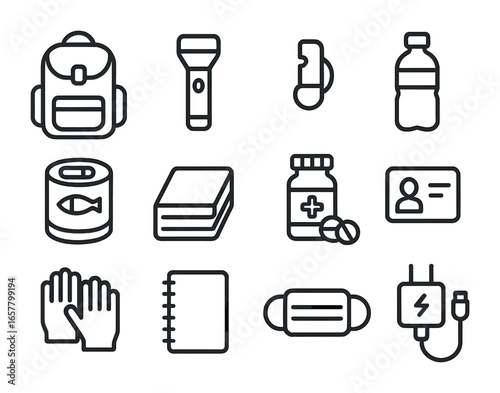 Emergency Kit Icons. Outline icon set of personal emergency kits: backpack, flashlight, whistle, water bottle,