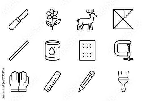 Rustic Wood Art Icons. Outline icon set of rustic wood art: carving knife, floral design, animal design,