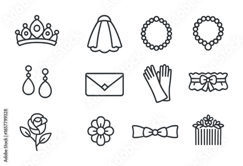 Wedding Fashion Icons. Outline icon set of wedding fashion accessories: tiara, veil, pearl necklace, bracelet,