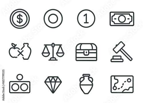 Currency History Icons. Outline icon set of history of currency: gold coin, silver coin, copper coin, banknote