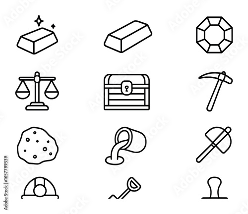 Precious Metal Icons. Outline icon set of precious metal currency: gold bar, silver ingot, copper coin, scale,