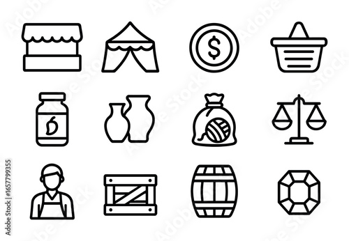 Trade Fair Icons. Outline icon set of trade fairs and markets: market stall, tent, coin, basket, spice jar,