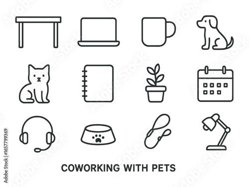 Coworking with Pets Icons. Outline icon set of coworking with pets: desk, laptop, coffee mug, dog, cat,