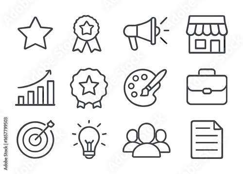 Brand Icon Set. Outline icon set of brand building: star, ribbon, megaphone, store, chart, badge, palette,