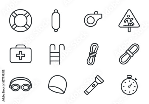 Pool Safety Icons. Outline icon set of pool safety equipment: lifebuoy, rescue tube, whistle, safety sign,