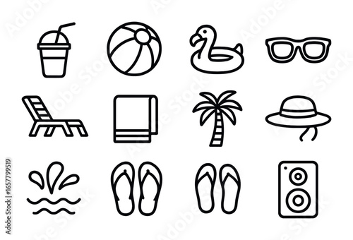 Summer Pool Icons. Outline icon set of summer pool party: drink cup, beach ball, inflatable flamingo,