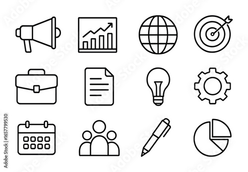 Marketing Icons Grid. Outline icon set of marketing strategy management: megaphone, chart, globe, target,