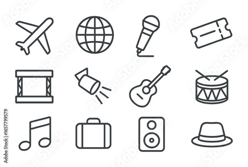 Singer World Tour Icons. Outline icon set of singer world tours: airplane, globe, microphone, ticket, stage,