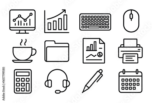 Data Analysis Icons. Outline icon set of data analysis on desktop: monitor, chart, keyboard, mouse, coffee cup