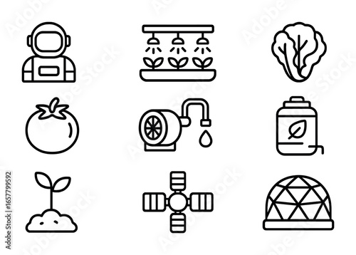 Space Hydroponics Icons. Outline icon set of colonists growing food in space using hydroponic systems: