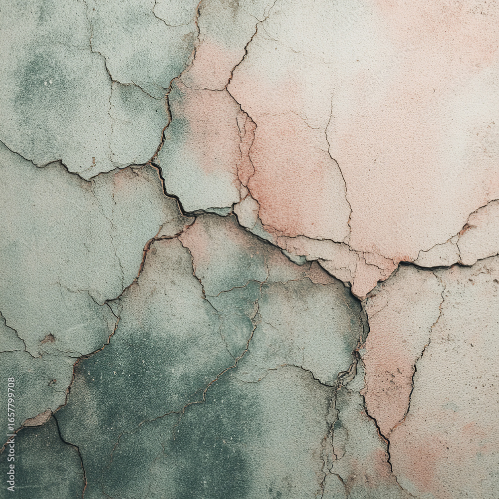 Obraz premium Cracked wall surface exposing decaying plaster, revealing textural urban decay with muted green-pink patina