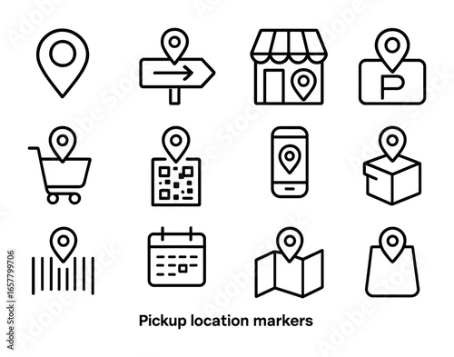 Pickup Location Icon Set. Outline icon set of pickup location markers: location pin, arrow sign, store facade,