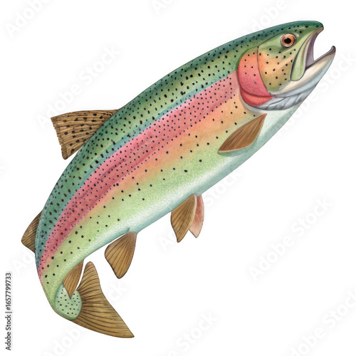 3d rainbow trout fish jumping isolated on transparent background