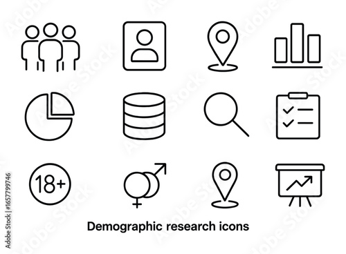 Demographic Research Icons. Outline icon set of demographic research: group icon, user profile, map marker,