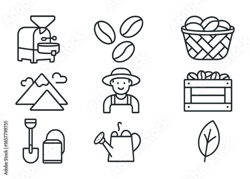 Coffee Roasting Icons. Outline icon set of coffee roasting at origin: roasting drum, coffee beans, sack,