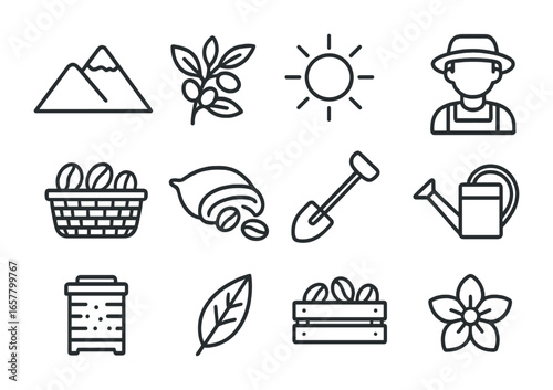 High-Altitude Coffee Icons. Outline icon set of high-altitude coffee farms: mountain, coffee branch, sun,