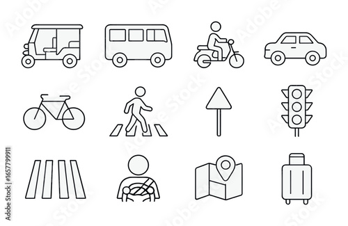 Tuk-Tuk Traffic Icons. Outline icon set of tuk-tuk traffic scenes: tuk-tuk, bus, motorbike, car, bicycle,