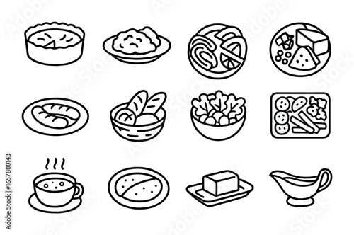 Holiday Brunch Icons. Outline icon set of savory dishes for holiday brunch: quiche, scrambled eggs, smoked
