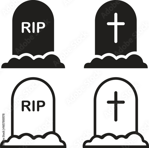 Grave tombstone icons set in flat and line styles. Headstone collection and cemetery group. RIP symbol, burial monument, funeral memorial, gothic graveyard illustration, death and religion vector.