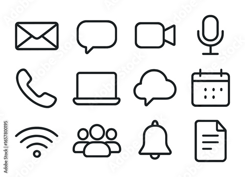Virtual Communication Icons. Outline icon set of virtual communication methods: email, chat bubble, video