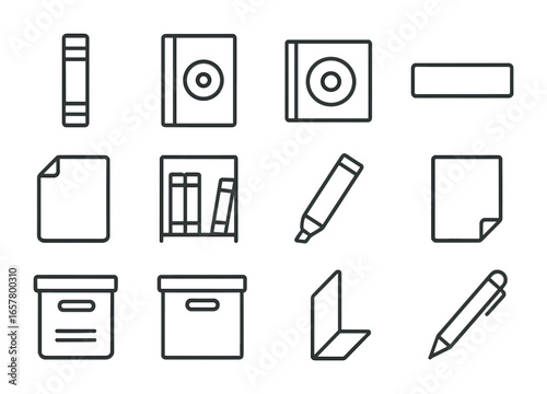 Media Storage Icons. Outline icon set of book and media storage labeling: book spine label, DVD box, CD case,