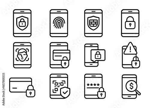 Mobile Security Icons. Outline icon set of mobile banking security: secure app icon, fingerprint login, mobile