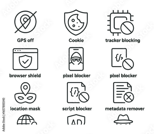 Anti-Tracking Tool Icons. Outline icon set of anti-tracking tools: GPS off, cookie shield, tracker blocking,