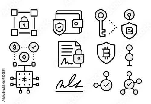 Blockchain Security Icons. Outline icon set of blockchain payment security: blockchain lock, crypto wallet