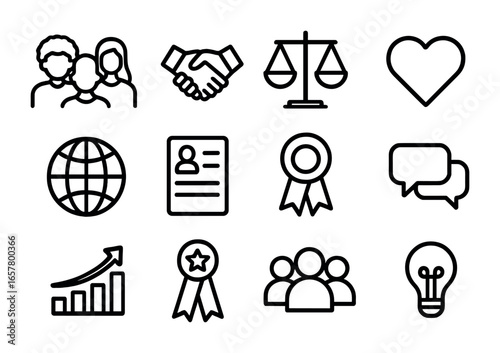 Diversity Icon Set. Outline icon set of diversity and inclusion in business: diverse team, handshake, equality