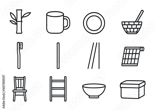 Bamboo Products Icon Set. Outline icon set of bamboo products trade: bamboo stalk, cup, plate, basket,