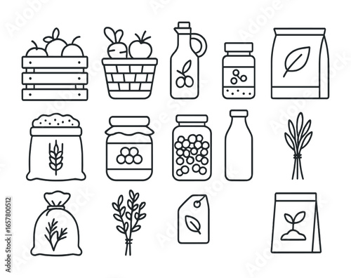 Organic Product Icons. Outline icon set of organic product trade: fruit crate, vegetable basket, olive oil