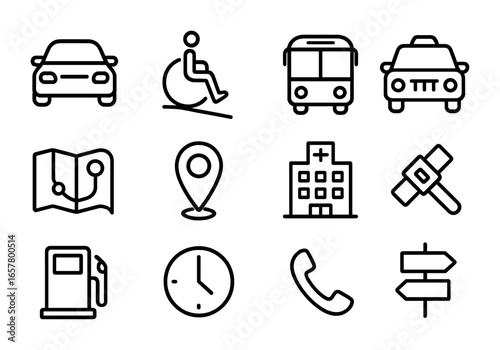 Medical Transport Icons. Outline icon set of transportation for medical visits: car, wheelchair ramp, bus,