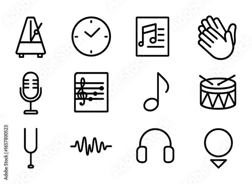 Rhythm and Timing Icons. Outline icon set of rhythm and timing for singers: metronome, clock, sheet music,