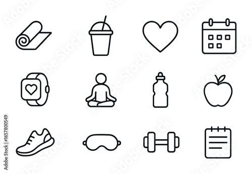 Personalized Wellness Icons. Outline icon set of personalized wellness plans: yoga mat, smoothie cup, heart