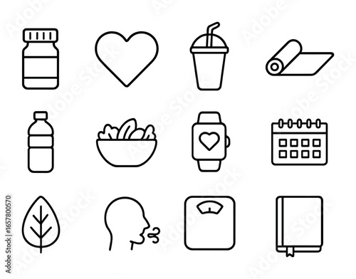 Wellness Guide Icons. Outline icon set of chronic illness wellness guides: pill bottle, heart icon, smoothie